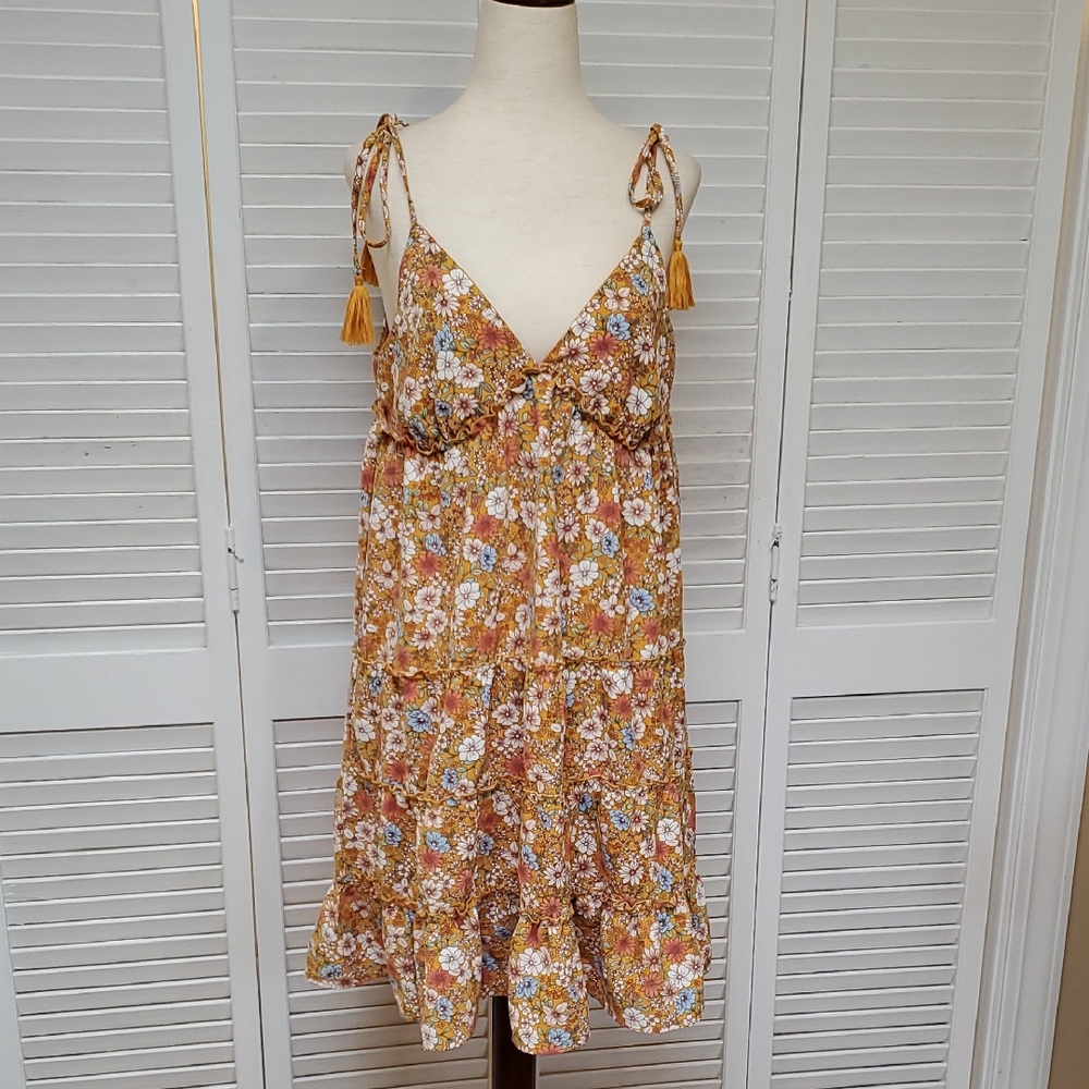 No Comment Boho Chic Floral Sundress with Tassel Tie Straps Size L